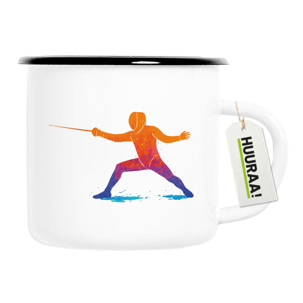 Emaille Tasse Fechten bunte Silhouette 300ml Vintage