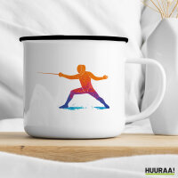 Emaille Tasse Fechten bunte Silhouette 300ml Vintage Emaille Becher