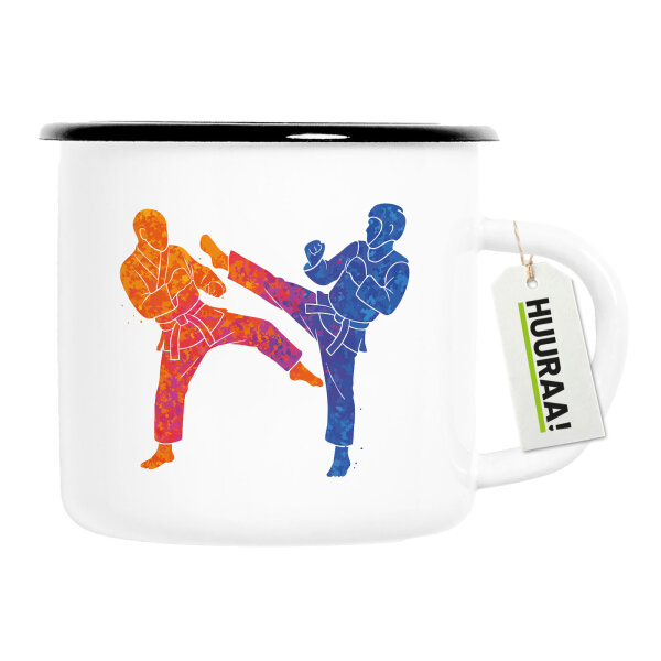 Emaille Tasse Taekwondo bunte Silhouette 300ml Vintage Emaille Becher