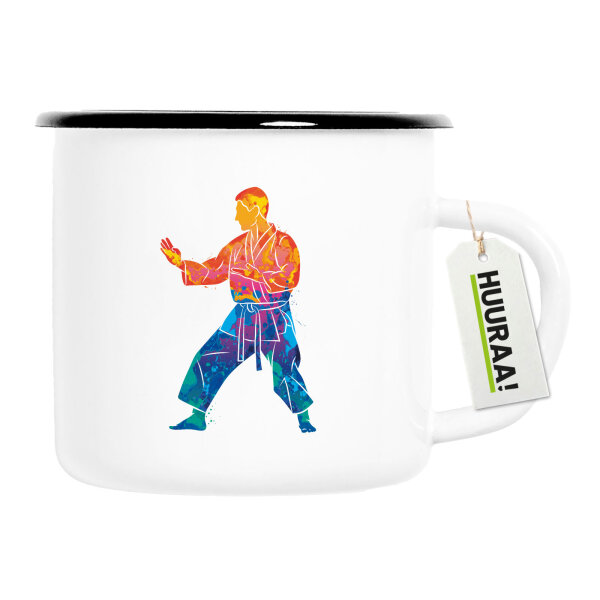 Emaille Tasse Karate bunte Silhouette 300ml Vintage