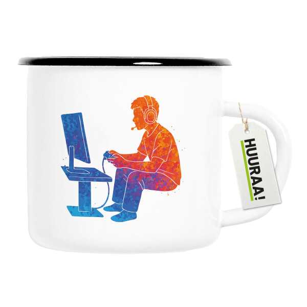 Emaille Tasse Gaming bunte Silhouette 300ml Vintage Emaille Becher
