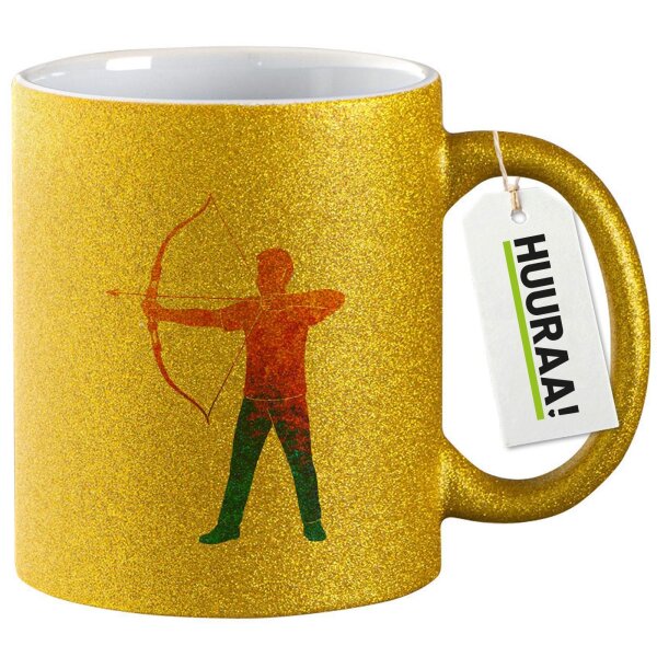 Glitzertasse Bogenschießen bunte Silhouette 330ml