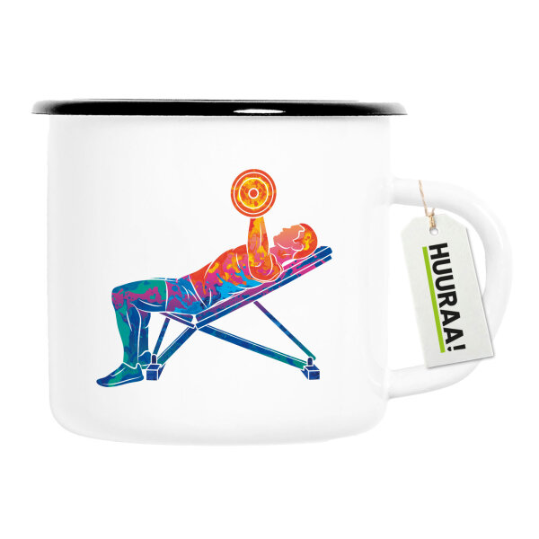 Emaille Tasse Fitness Training Bench Press bunte Silhouette 300ml Vintage Emaille Becher