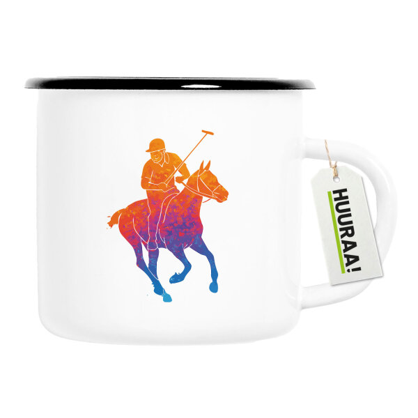 Emaille Tasse Polo Spieler bunte Silhouette 300ml Vintage Emaille Becher