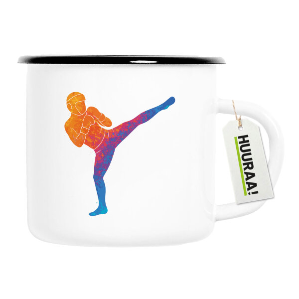 Emaille Tasse Kickboxen bunte Silhouette 300ml Vintage Emaille Becher