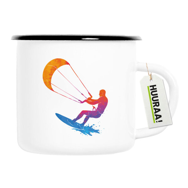 Emaille Tasse Kitesurfen bunte Silhouette 300ml Vintage Emaille Becher