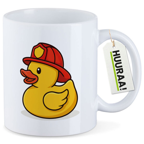 Kaffeetasse Quietscheente Feuerwehr Comic Gummiente 330ml