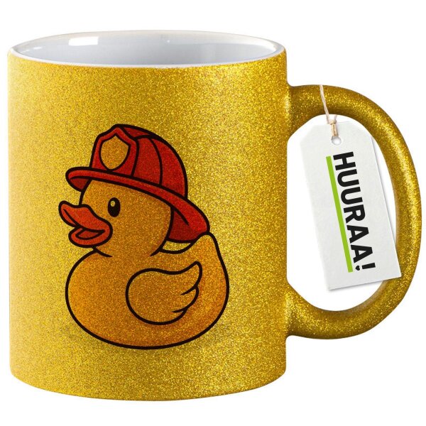 Glitzertasse Quietscheente Feuerwehr Comic Gummiente 330ml