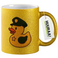 Glitzertasse Quietscheente Polizei Comic Gummiente 330ml