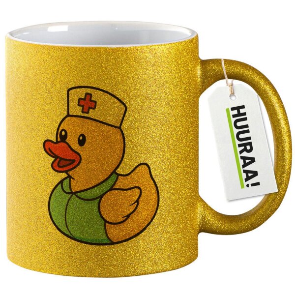 Glitzertasse Quietscheente Altenpflege Comic Gummiente 330ml
