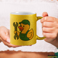 Glitzertasse Quietscheente Mechatronik Comic Gummiente 330ml