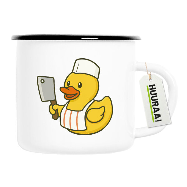 Emaille Tasse Quietscheente Metzgerei Comic Gummiente 300ml Vintage