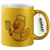 Glitzertasse Quietscheente Metzgerei Comic Gummiente 330ml