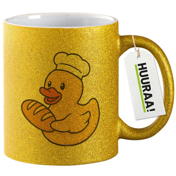 Glitzertasse Quietscheente Bäckerei Comic Gummiente 330ml