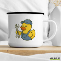 Emaille Tasse Quietscheente Kfz-Mechatronik Comic Gummiente 300ml Vintage Emaille Becher