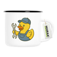 Emaille Tasse Quietscheente Kfz-Mechatronik Comic Gummiente 300ml Vintage