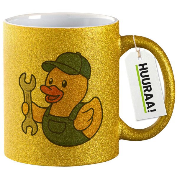 Glitzertasse Quietscheente Kfz-Mechatronik Comic Gummiente 330ml