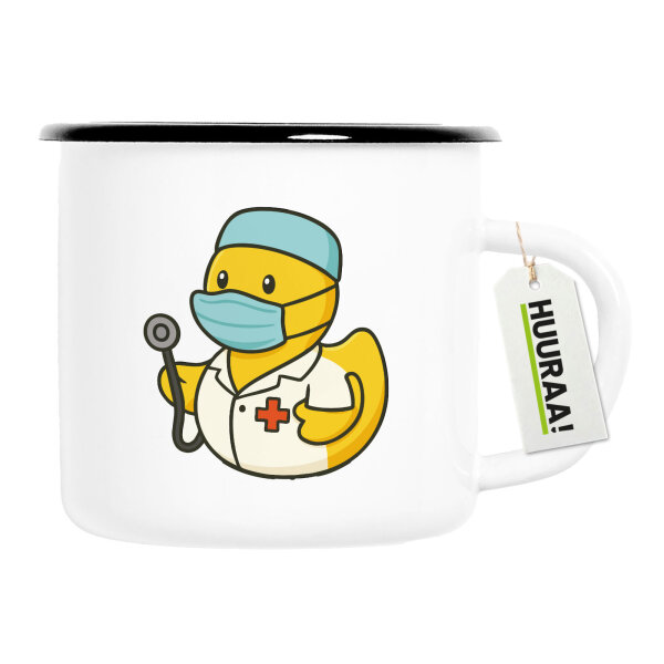 Emaille Tasse Quietscheente Medizin Comic Gummiente 300ml Vintage