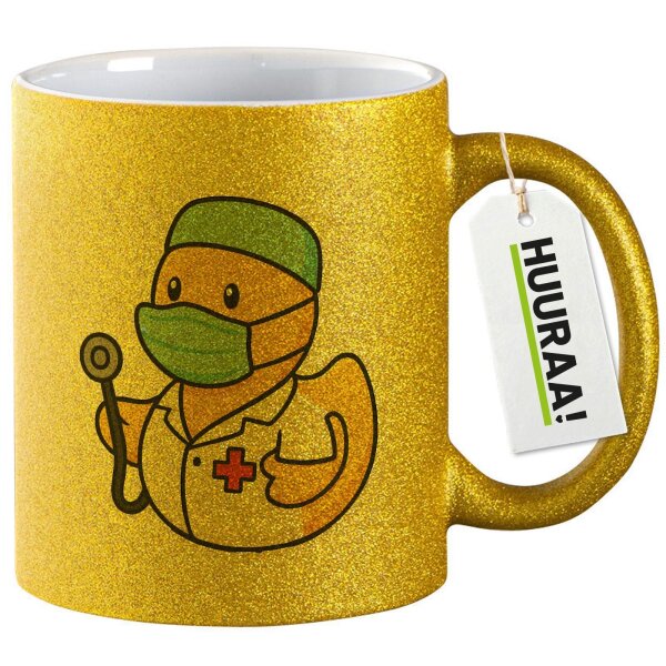 Glitzertasse Quietscheente Medizin Comic Gummiente 330ml