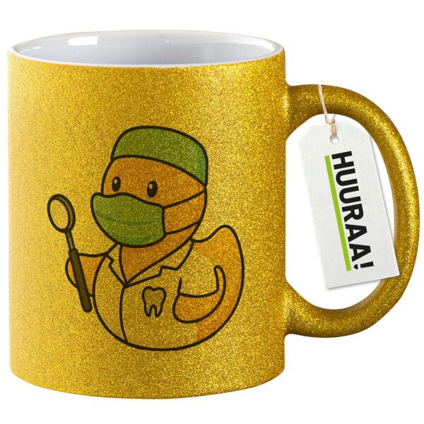 Glitzertasse Quietscheente Zahnmedizin Comic Gummiente 330ml