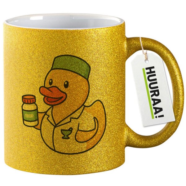 Glitzertasse Quietscheente Pharmazie Comic Gummiente 330ml