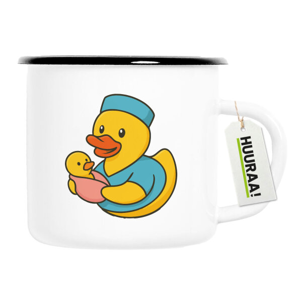 Emaille Tasse Quietscheente Hebamme Comic Gummiente 300ml Vintage