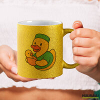 Glitzertasse Quietscheente Hebamme Comic Gummiente 330ml