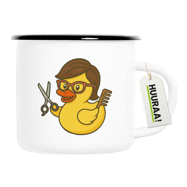 Emaille Tasse Quietscheente Friseurin Comic Gummiente 300ml Vintage