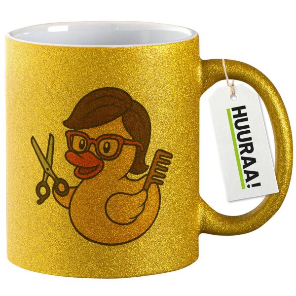 Glitzertasse Quietscheente Friseurin Comic Gummiente 330ml