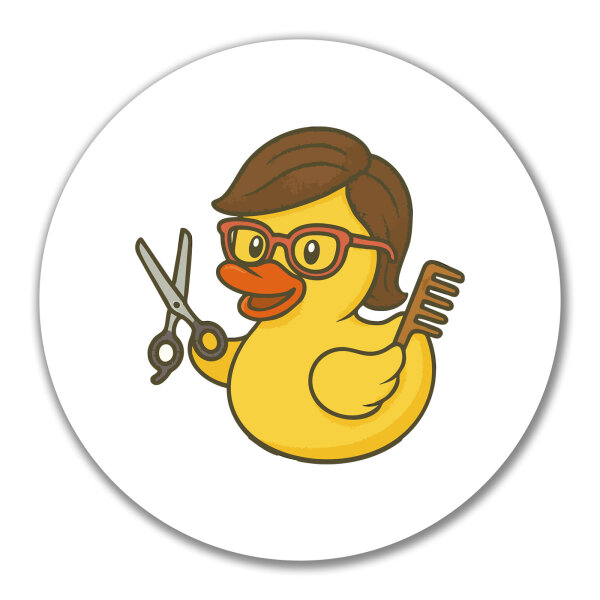 Aufkleber Quietscheente Friseurin Comic Gummiente 10cm rund