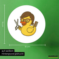 Aufkleber Quietscheente Friseurin Comic Gummiente 10cm rund