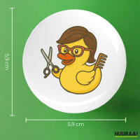 Button Quietscheente Friseurin Comic Gummiente