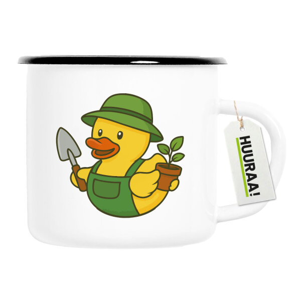 Emaille Tasse Quietscheente Gartenbau Comic Gummiente 300ml Vintage