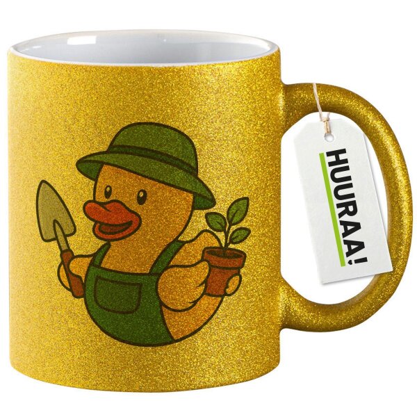 Glitzertasse Quietscheente Gartenbau Comic Gummiente 330ml