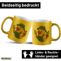 Glitzertasse Quietscheente Gartenbau Comic Gummiente 330ml