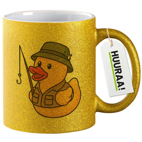 Glitzertasse Quietscheente Angler Comic Gummiente 330ml