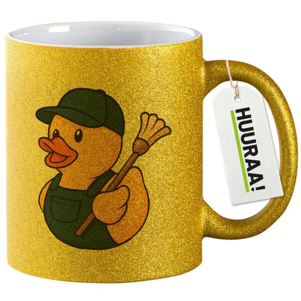 Glitzertasse Quietscheente Hausmeister Comic Gummiente 330ml