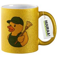 Glitzertasse Quietscheente Hausmeister Comic Gummiente 330ml