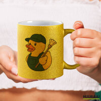 Glitzertasse Quietscheente Hausmeister Comic Gummiente 330ml