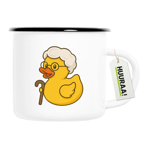 Emaille Tasse Quietscheente Rente Comic Gummiente 300ml Vintage