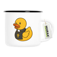 Emaille Tasse Quietscheente Pfarrer Comic Gummiente 300ml Vintage