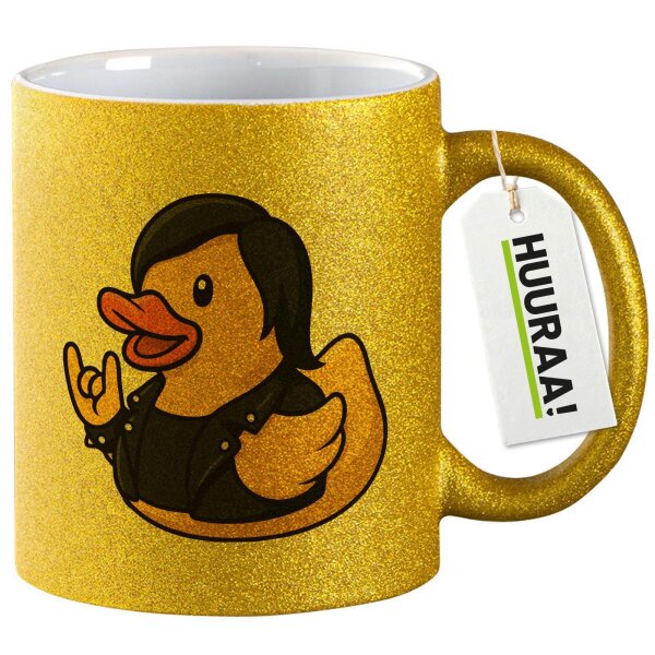 Glitzertasse Quietscheente Rocker Gummiente Biker 330ml