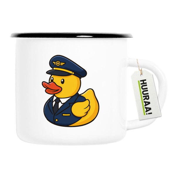 Emaille Tasse Quietscheente Pilot Gummiente Flugkapitän 300ml Vintage