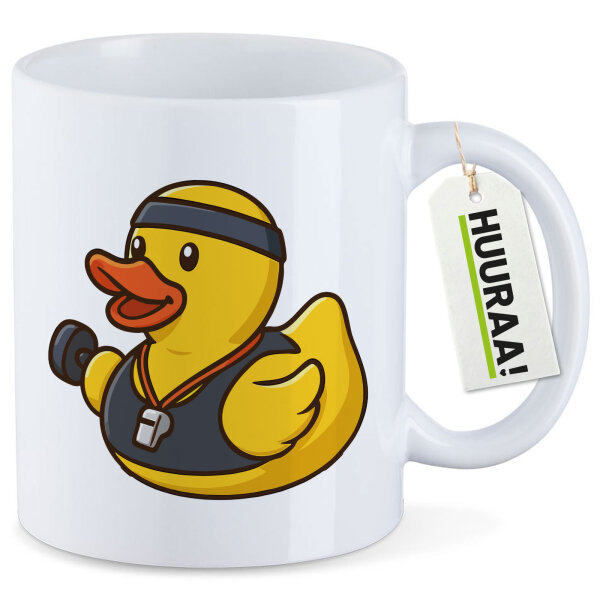 Kaffeetasse Quietscheente Fitness-Trainer Gummiente Coach 330ml