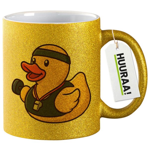 Glitzertasse Quietscheente Fitness-Trainer Gummiente Coach 330ml