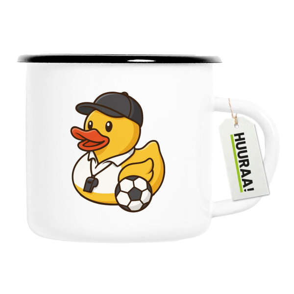Emaille Tasse Quietscheente Fussball-Trainer Gummiente Coach 300ml Vintage Emaille Becher