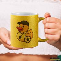 Glitzertasse Quietscheente Fussball-Trainer Gummiente Coach 330ml