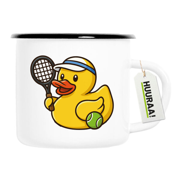 Emaille Tasse Quietscheente Tennis-Spieler Gummiente Tennissportler 300ml Vintage