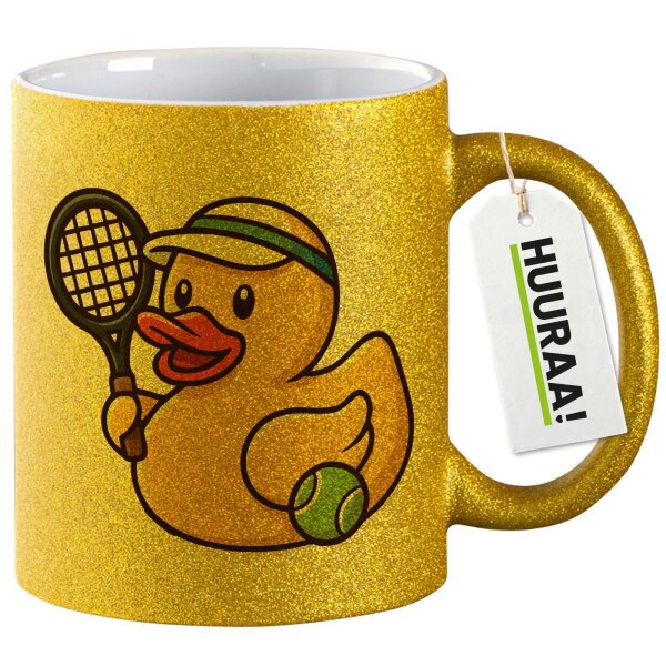 Glitzertasse Quietscheente Tennis-Spieler Gummiente Tennissportler 330ml