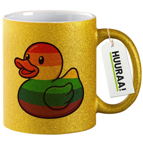 Glitzertasse Quietscheente LGBTQ Pride Comic Gummiente 330ml